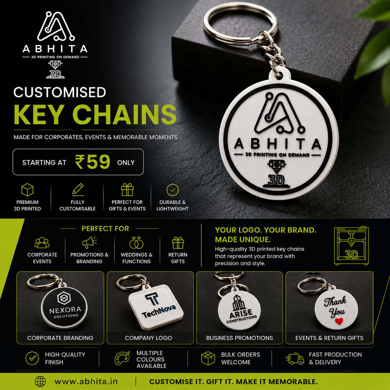 Examples of customised 3D printed keychains and branded gifts by ABHITA.