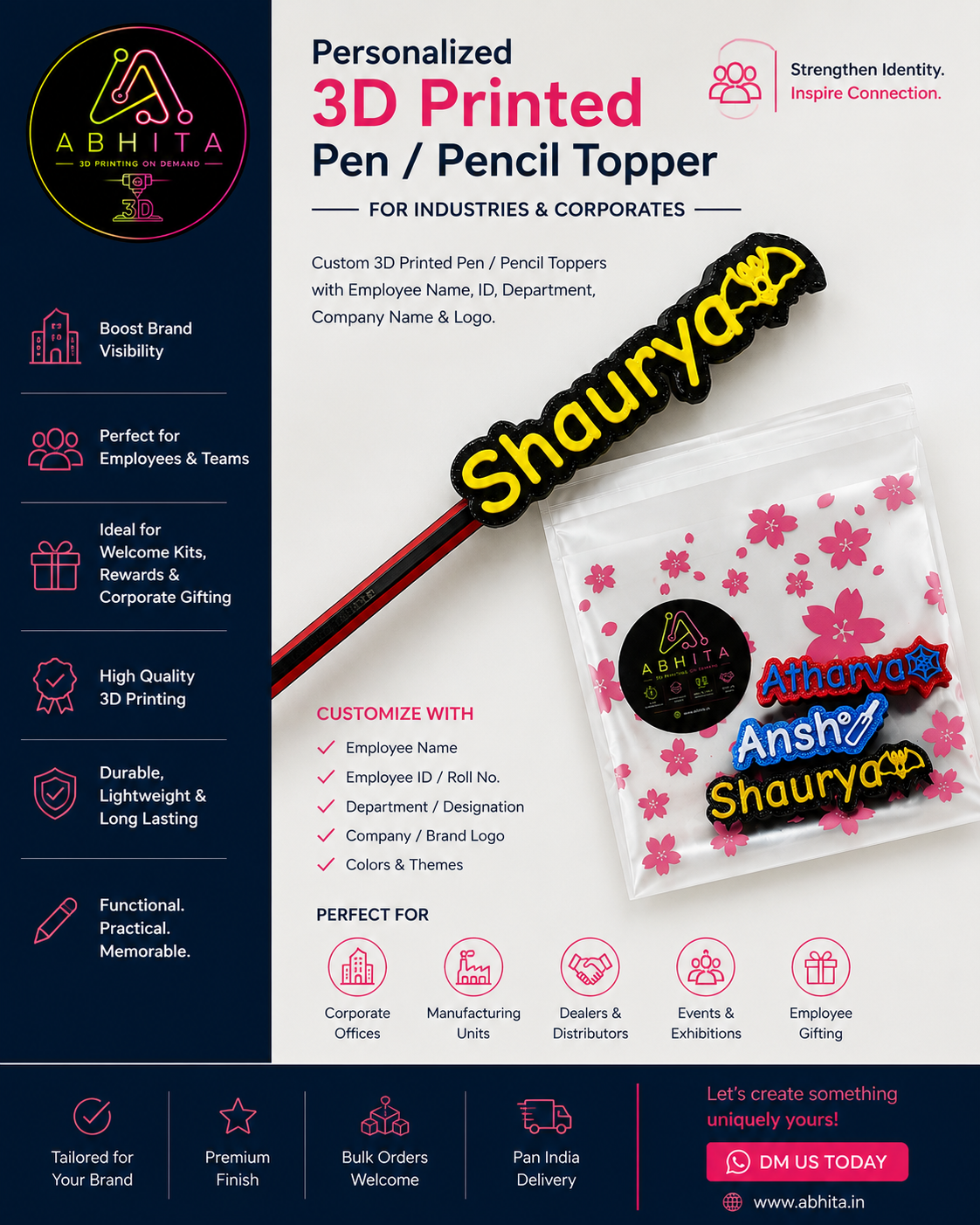 Personalised 3D printed pen and pencil topper with custom name in multi-colour PLA.