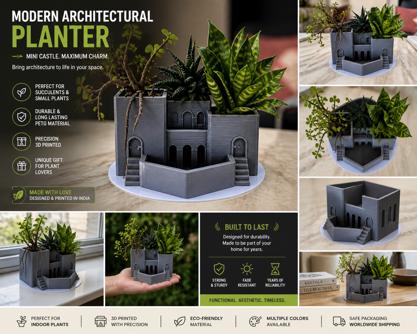 Modern black and white 3D printed architectural planter displayed as premium minimalist home décor on a terrace-inspired setup.