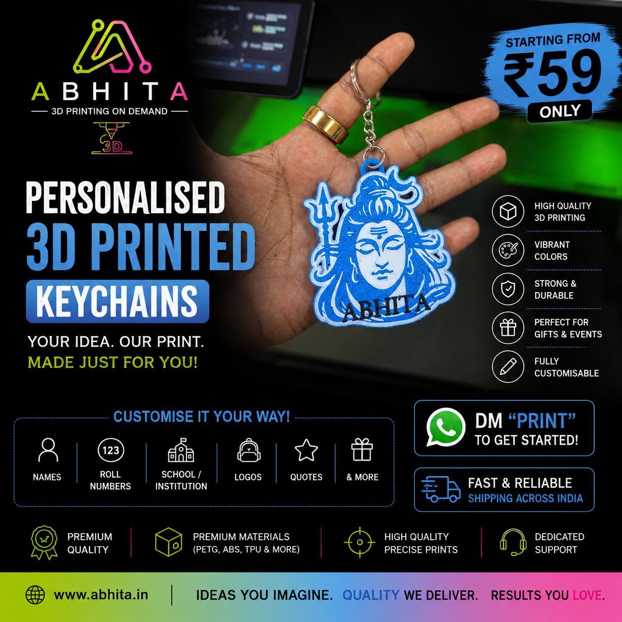 Dual-colour Lord Shiva 3D printed keychain with serene face, trishul and crescent detail.