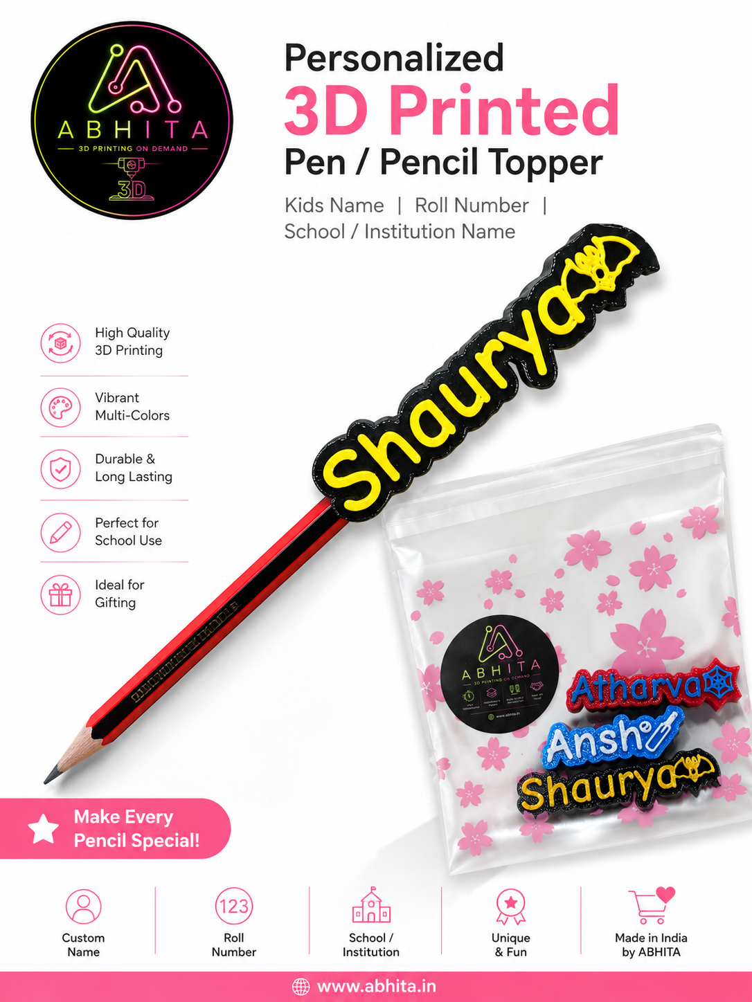 Personalised 3D Printed Pen / Pencil Topper